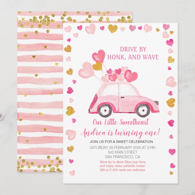 Pink Balloon Drive by Valentine Birthday Invitation (Front/Back)