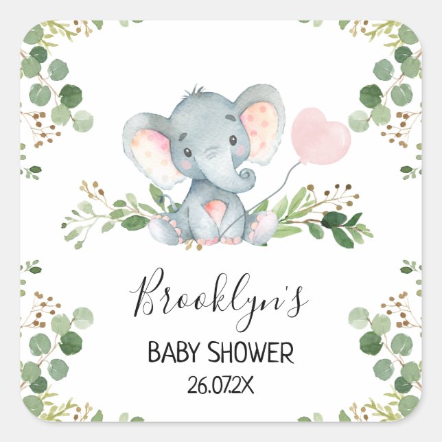 Pink Balloon Elephant Baby Shower Favour Sticker (Front)