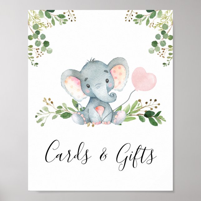 Pink Balloon Elephant Baby Shower Party Sign (Front)