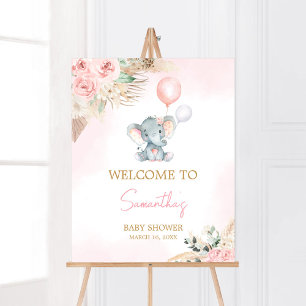 Pink Balloon Elephant Baby Shower Welcome Poster