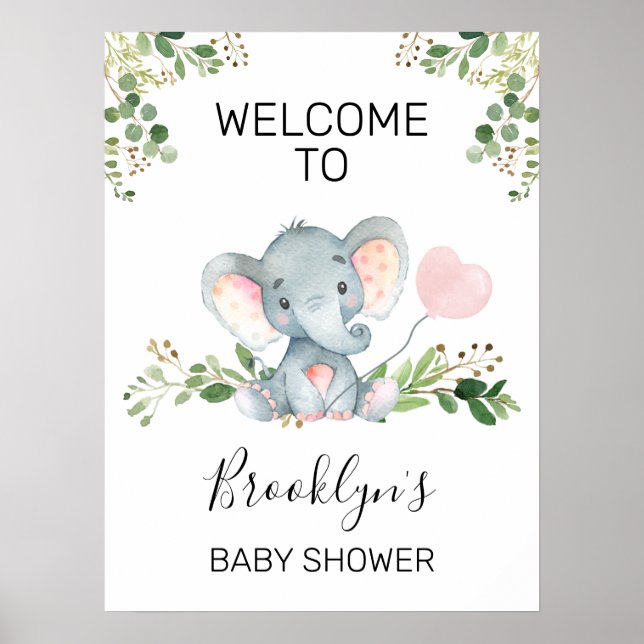 Pink Balloon Elephant Baby Shower Welcome Sign (Front)