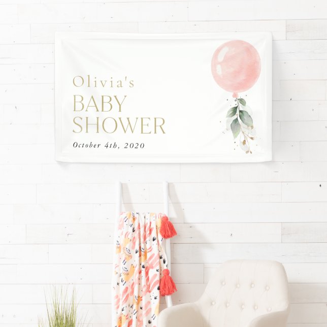 Pink Balloon, Eucalyptus, Baby Shower Welcome Banner (Insitu)