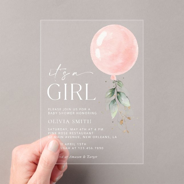 Pink Balloon, Eucalyptus, Greenery, Baby Shower Acrylic Invitations (Insitu (Handheld))