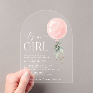 Pink Balloon, Eucalyptus, Greenery, Baby Shower Acrylic Invitations