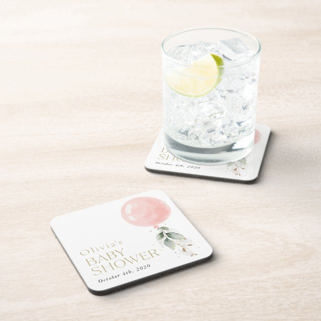 Pink Balloon, Eucalyptus, Greenery, Baby Shower  Coaster (Right Side)