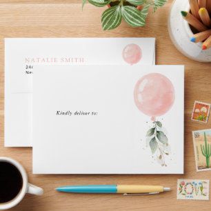 Pink Balloon, Eucalyptus, Greenery, Baby Shower Envelope
