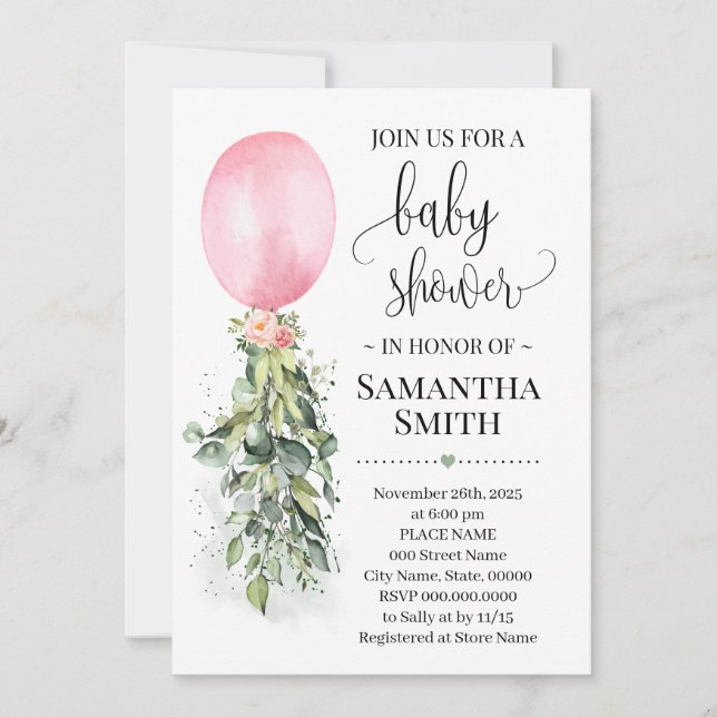 Pink Balloon Eucalyptus greenery baby shower Invitation (Front)