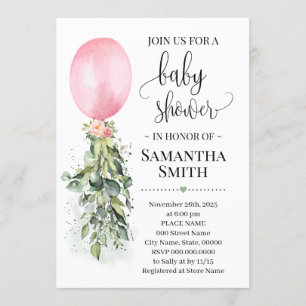 Pink Balloon Eucalyptus greenery baby shower Invitation
