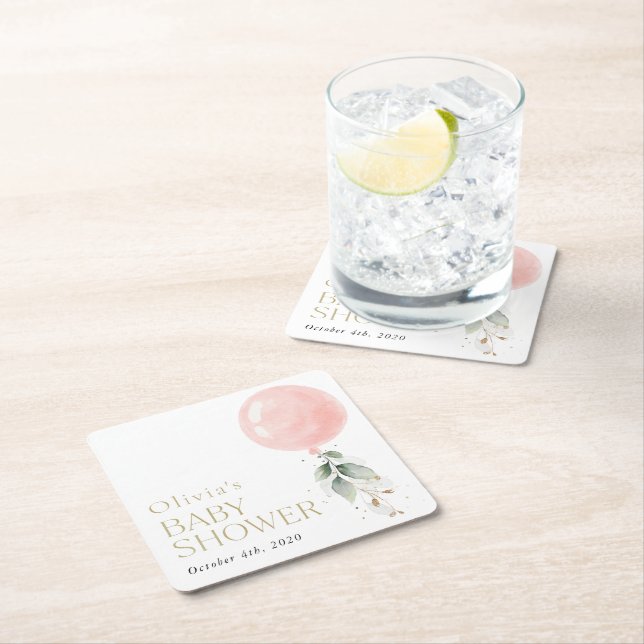 Pink Balloon, Eucalyptus, Greenery, Baby Shower  Square Paper Coaster (Insitu)