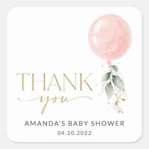 Pink Balloon, Eucalyptus, Greenery, Baby Shower Square Sticker
