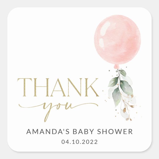 Pink Balloon, Eucalyptus, Greenery, Baby Shower Square Sticker (Front)