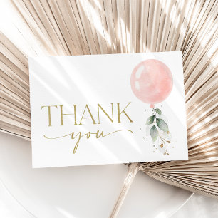 Pink Balloon, Eucalyptus, Greenery, Baby Shower Thank You Card