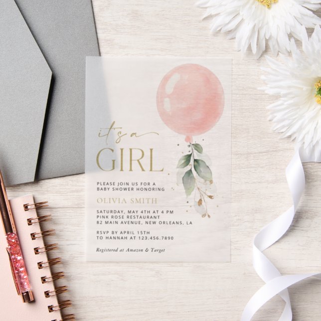 Pink Balloon, Eucalyptus, Greenery, Baby Shower Vellum Invitations (Wedding)