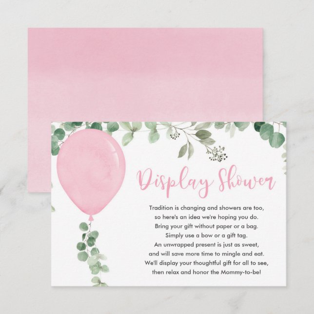 Pink balloon eucalyptus greenery display shower enclosure card (Front/Back)