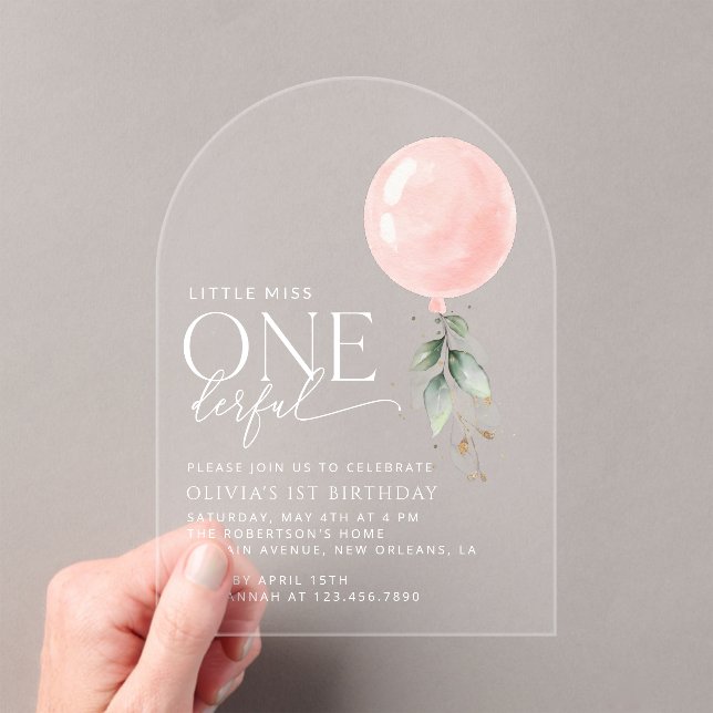Pink Balloon, Eucalyptus, Greenery, First Birthday Acrylic Invitations (Insitu (Handheld))