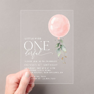 Pink Balloon, Eucalyptus, Greenery, First Birthday Acrylic Invitations