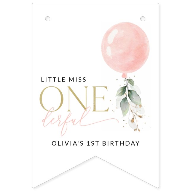 Pink Balloon, Eucalyptus, Greenery, First Birthday Bunting (First Flag)