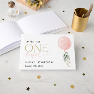 Pink Balloon, Eucalyptus, Greenery, First Birthday Guest Book