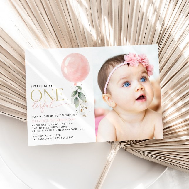 Pink Balloon, Eucalyptus, Greenery, First Birthday Invitation (Creator Uploaded)
