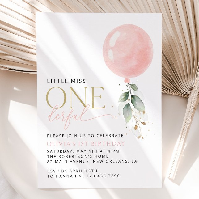 Pink Balloon, Eucalyptus, Greenery, First Birthday Invitation (Creator Uploaded)