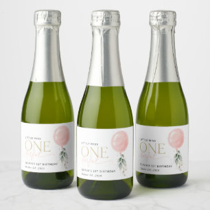 Pink Balloon, Eucalyptus, Greenery, First Birthday Sparkling Wine Label