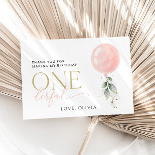 Pink Balloon, Eucalyptus, Greenery, First Birthday Thank You Card