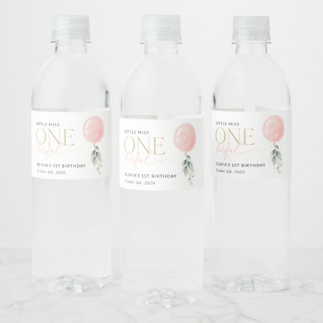 Pink Balloon, Eucalyptus, Greenery, First Birthday Water Bottle Label (Bottles)