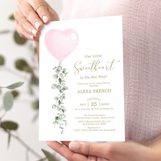 Pink Balloon Eucalyptus Sweetheart Baby Shower Invitation (Creator Uploaded)