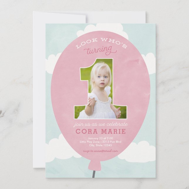 Pink Balloon First Birthday Photo Invitation (Front)