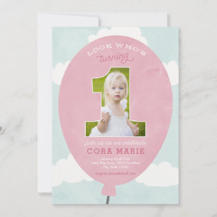 Pink Balloon First Birthday Photo Invitation