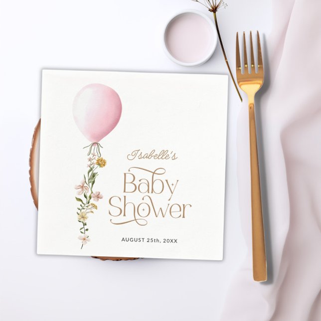 Pink Balloon Floral Girl Baby Shower Theme Paper Napkin (Pink Balloon Floral Girl Baby Shower Theme Paper Napkins)