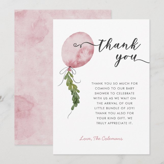 Pink Balloon Garland Baby Shower  Thank You Card (Front/Back)
