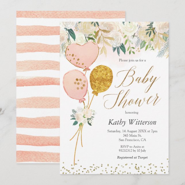 Pink Balloon Girl Baby Shower Invitation (Front/Back)