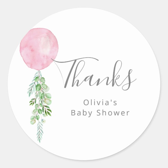 Pink Balloon Girl Baby Shower Thank You Classic Round Sticker (Front)