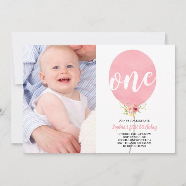Pink Balloon Girl First Birthday with Photo Cute Invitation (Front)