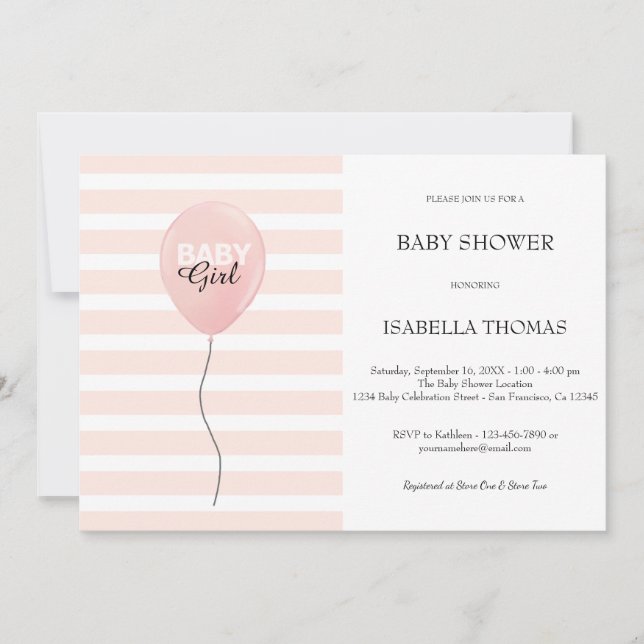 Pink balloon Girl Pink Stripes Baby Shower Invitation (Front)