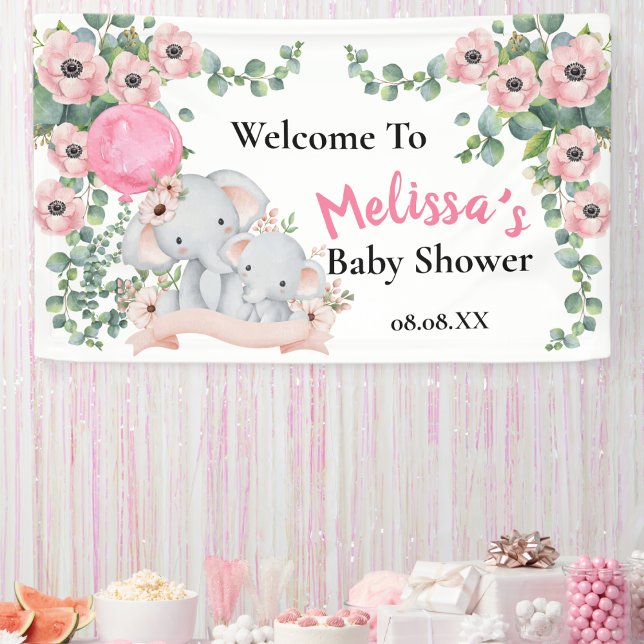 Pink Balloon Greenery Elephant Welcome Backdrop Banner (Creator Uploaded)