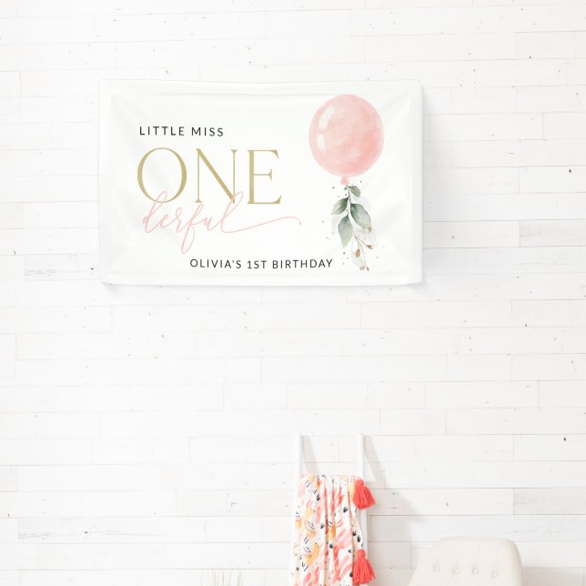 Pink Balloon, Greenery, First Birthday Welcome Banner (Insitu)