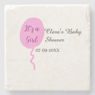 Pink balloon it's a girl baby shower add name date stone coaster