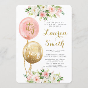 Pink balloon It's twins baby shower girls Invitation