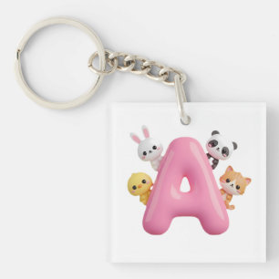 Pink Balloon Letter A Forest Animals Acrylic  Key Ring