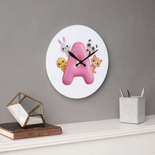 Pink Balloon Letter A Forest Animals Kids  Large Clock (Office)