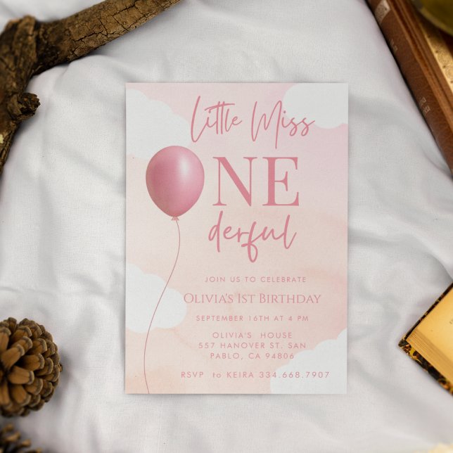 Pink Balloon Little Miss Onederful 1st Birthday Invitation (Creator Uploaded)