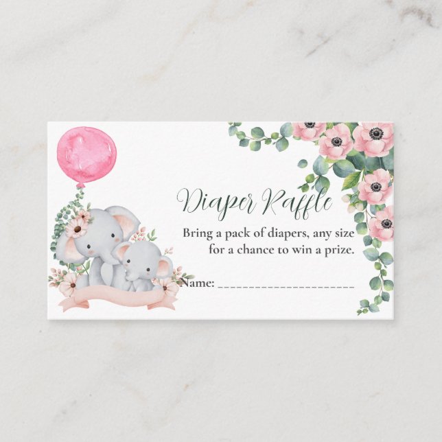 Pink Balloon Mum Baby Elephant diaper raffle cards (Front)