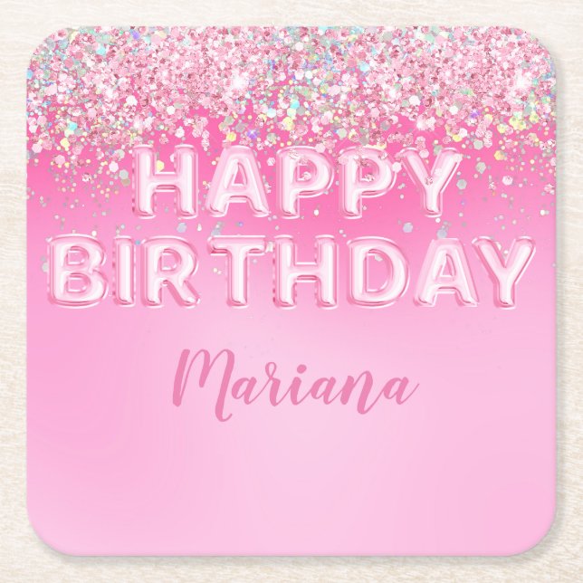 Pink Balloon Ombre Birthday Party Square Paper Coaster (Front)