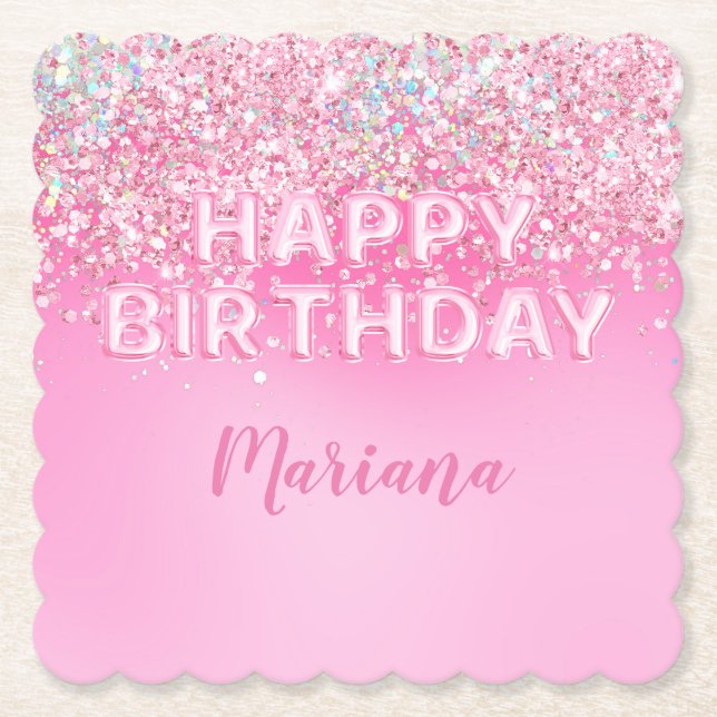 Pink Balloon Ombre Scalloped Birthday Party Paper Coaster (Front)