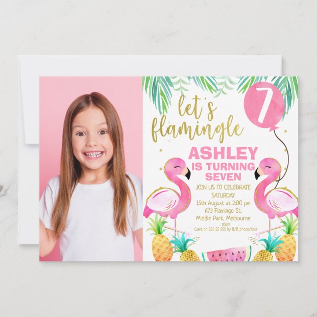 Pink Balloon Photo Lets Flamingle Any Age Birthday Invitation (Front)
