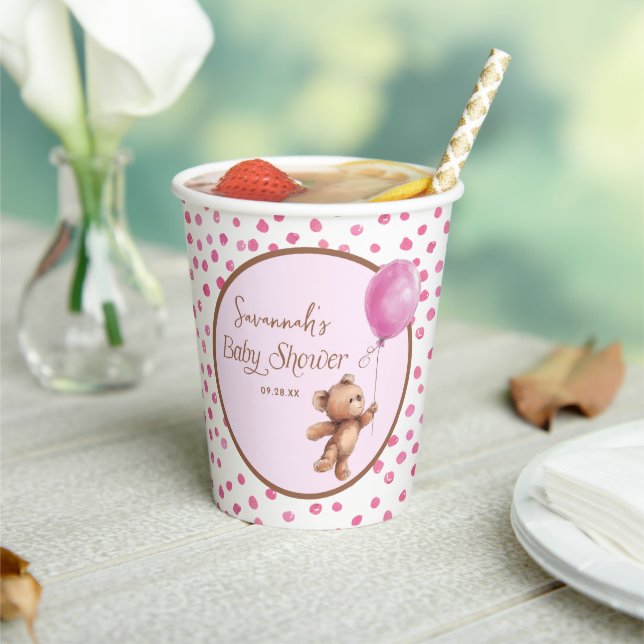 Pink Balloon Polka Dots Teddy Bear Baby Shower Paper Cups (Insitu)