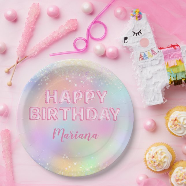 Pink Balloon Rainbow Birthday Party Paper Plate (Party)