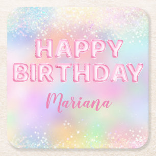 Pink Balloon Rainbow Birthday Party Square Paper Coaster